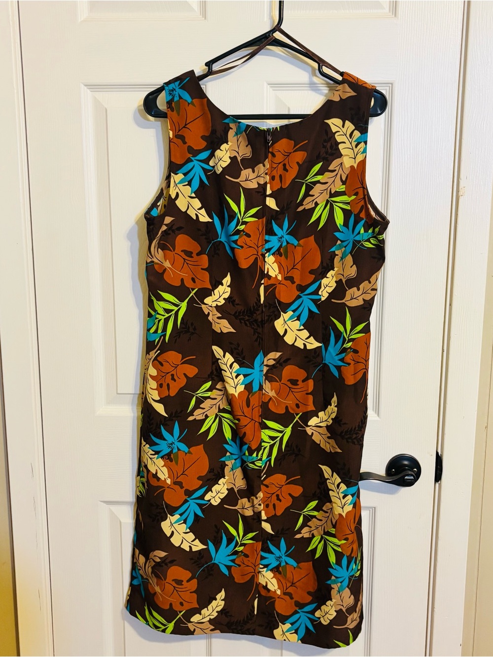 Sag Harbor Brown Tropical Midi Dress with Blue, Green & Tan Leaf Print